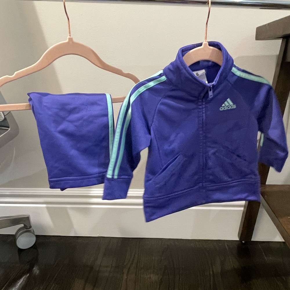 Adidas Kids' Purple Tracksuit with Aqua Stripes
